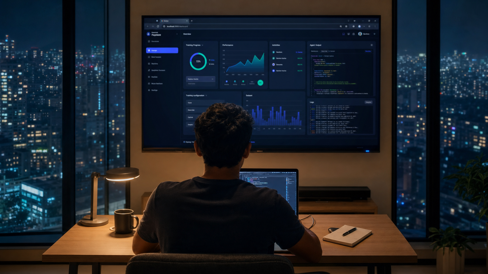Developer coding a Smart TV AI agent training application from a late-night apartment workspace