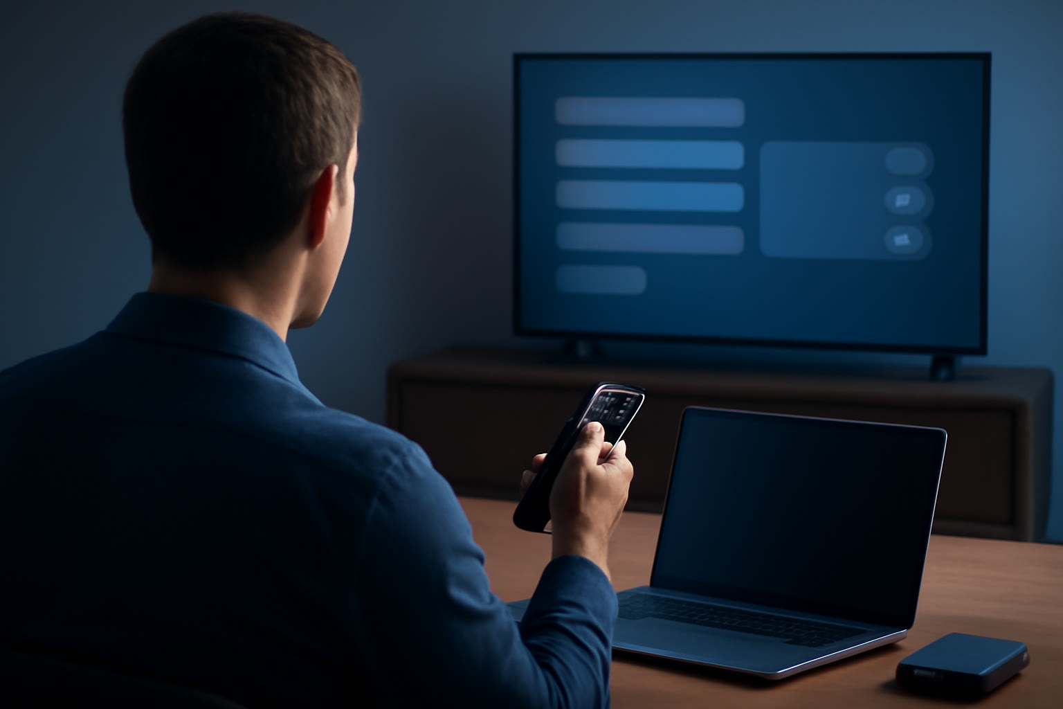 A developer at a desk points a TV remote at a TV showing a settings panel, with a laptop and a small router on the desk.