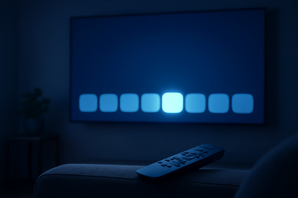 A wall-mounted TV in a dim living room showing a row of app tiles on its home screen, one tile highlighted, with a remote on the sofa arm.
